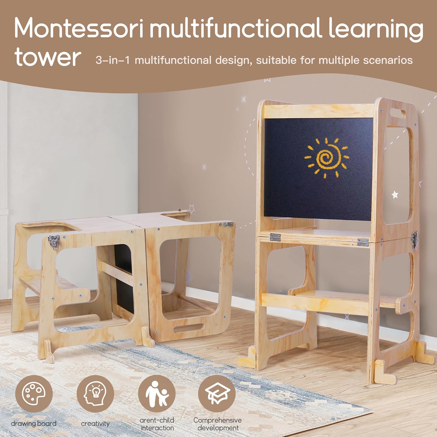 lesolar 3-in-1 Toddler Standing Tower, Kids Kitchen Step Stool Helper, Montessori Assistant Tower Suitable for Toddlers and Children from 1-6 years old Kitchen Blackboard Tower with Safety Rail