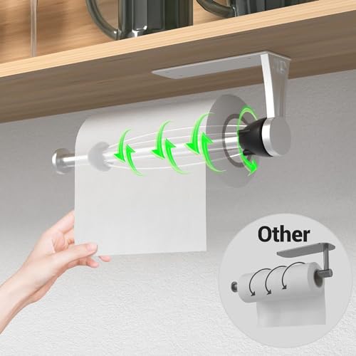 Paper Towel Holder Under Cabinet with Damping Effect, Single-Hand Operable Wall Mount Paper Towel Holder for Kitchen/Bathroom, Under Counter Self-Adhesive/Drilled Kitchen Towel Holder