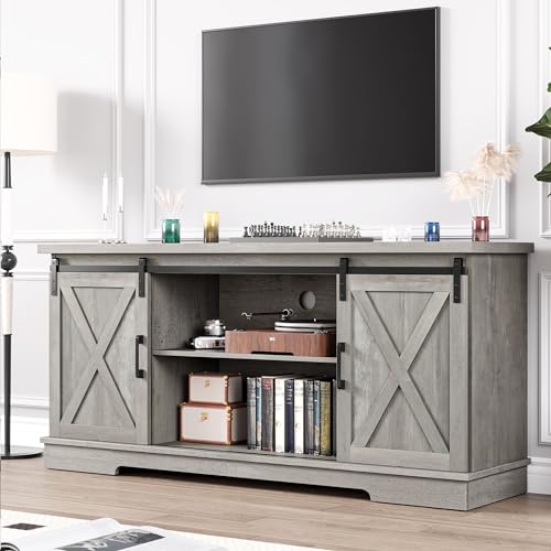 IDEALHOUSE Farmhouse TV Stand for 65 Inch TV, Entertainment Center with Storage and Sliding Barn Doors, Modern Media TV Console TV Stands for Living Room Bedroom (White)