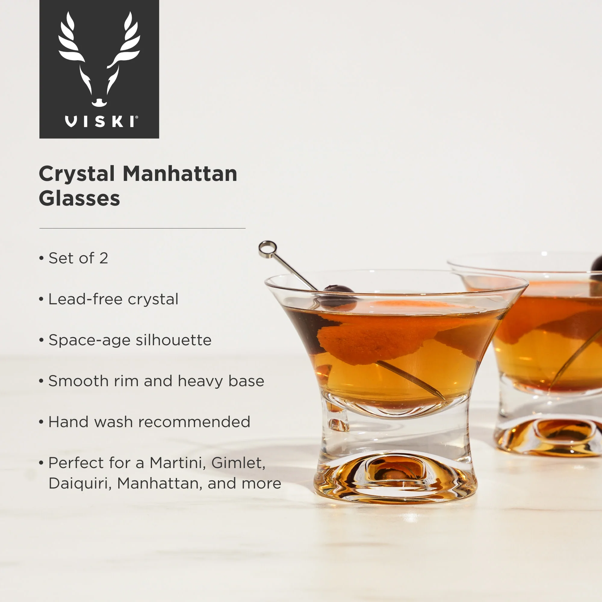 Viski Heavy Base Crystal Manhattan Glasses - Cocktail Glass Gift Set
