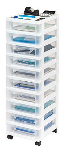 IRIS USA Plastic Drawer Storage Organizer Rolling Cart, with Wheels Casters, 10-Drawers, for Classroom Art Craft Supplies Dresser Closet Bathroom Laundry Room, White/Clear