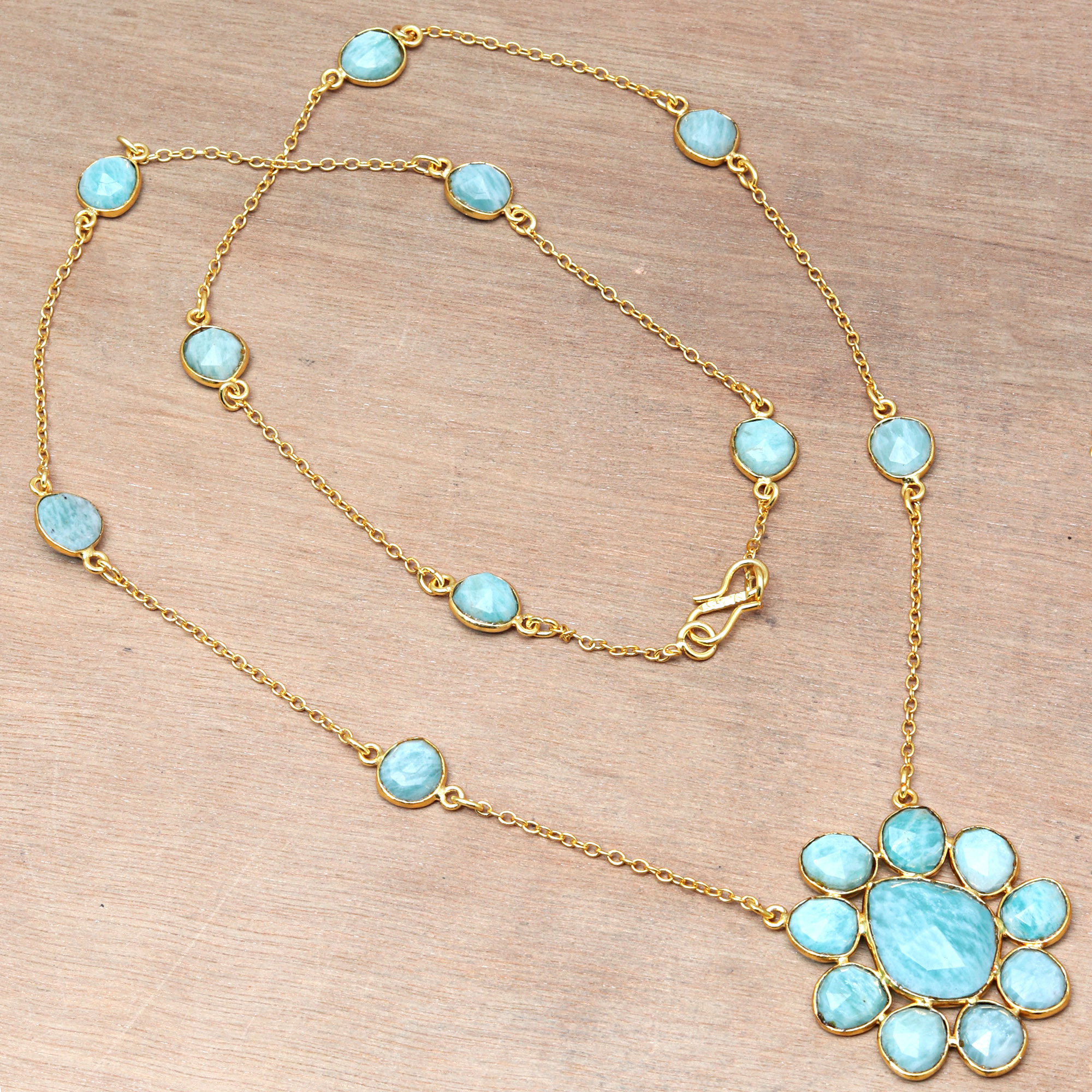 Necklace Amazonite Feceted Gemstone Handmade Antique 925 Silver Jewelry 26''