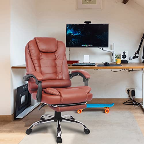 Big and Tall Office Chair with Foot Rest 400lbs, Ergonomic Executive Office Chair with Massage Lumbar Support and Linkage Armrests, High Back Reclining Leather Office Chair Computer Chair (Brown)