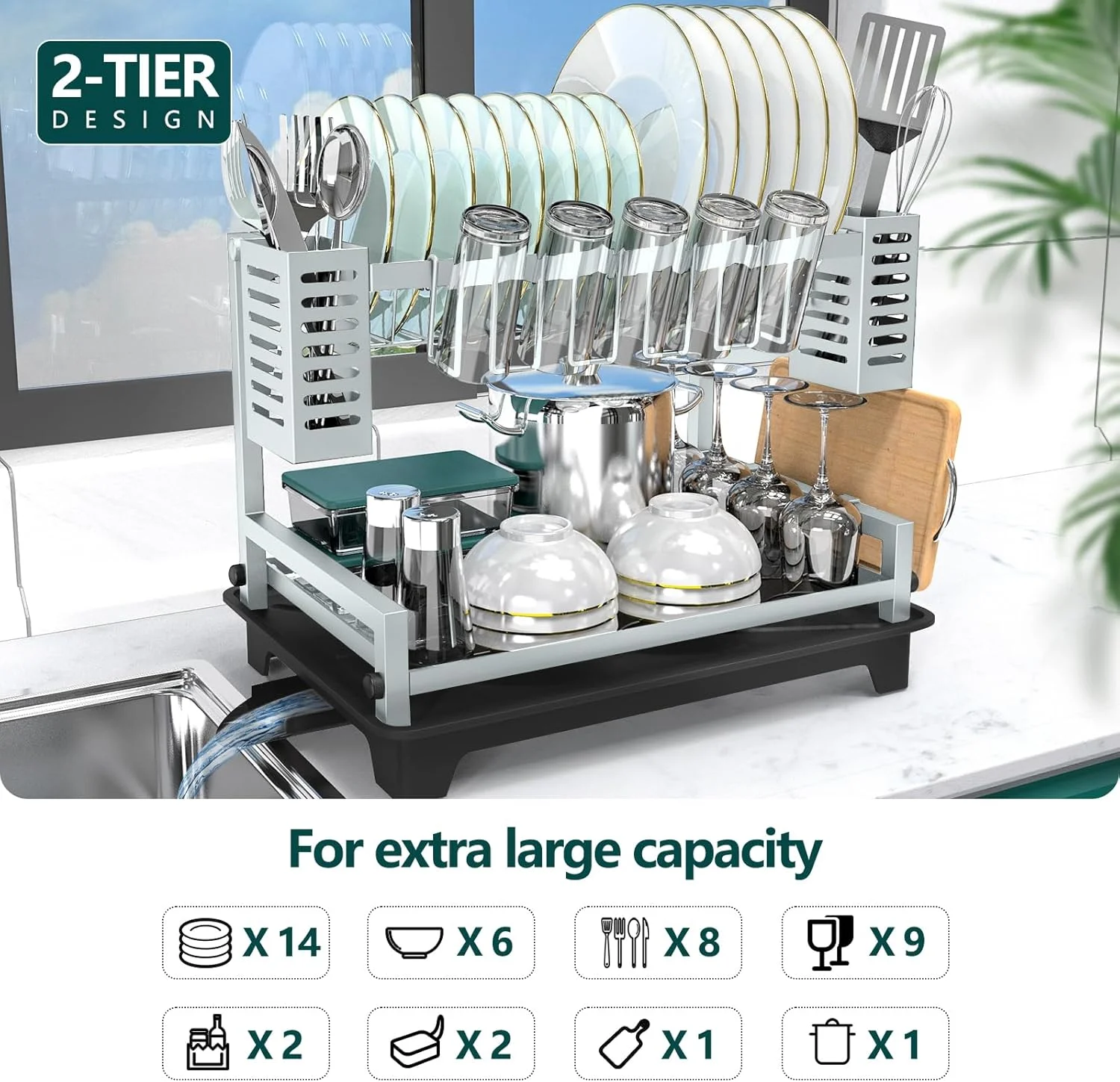 Dish Drying Rack: 2 Tier Dish Racks for Kitchen Counter and Sink - Large Dish Drying Rack with Drainboard & Utensil Holders - Stainless Steel Dish Drainers Kitchen Organization and Storage