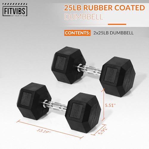 Hex Dumbbells Rubber Coated Hand Weights Pairs for Exercises and Fitness, 25 LB Pair