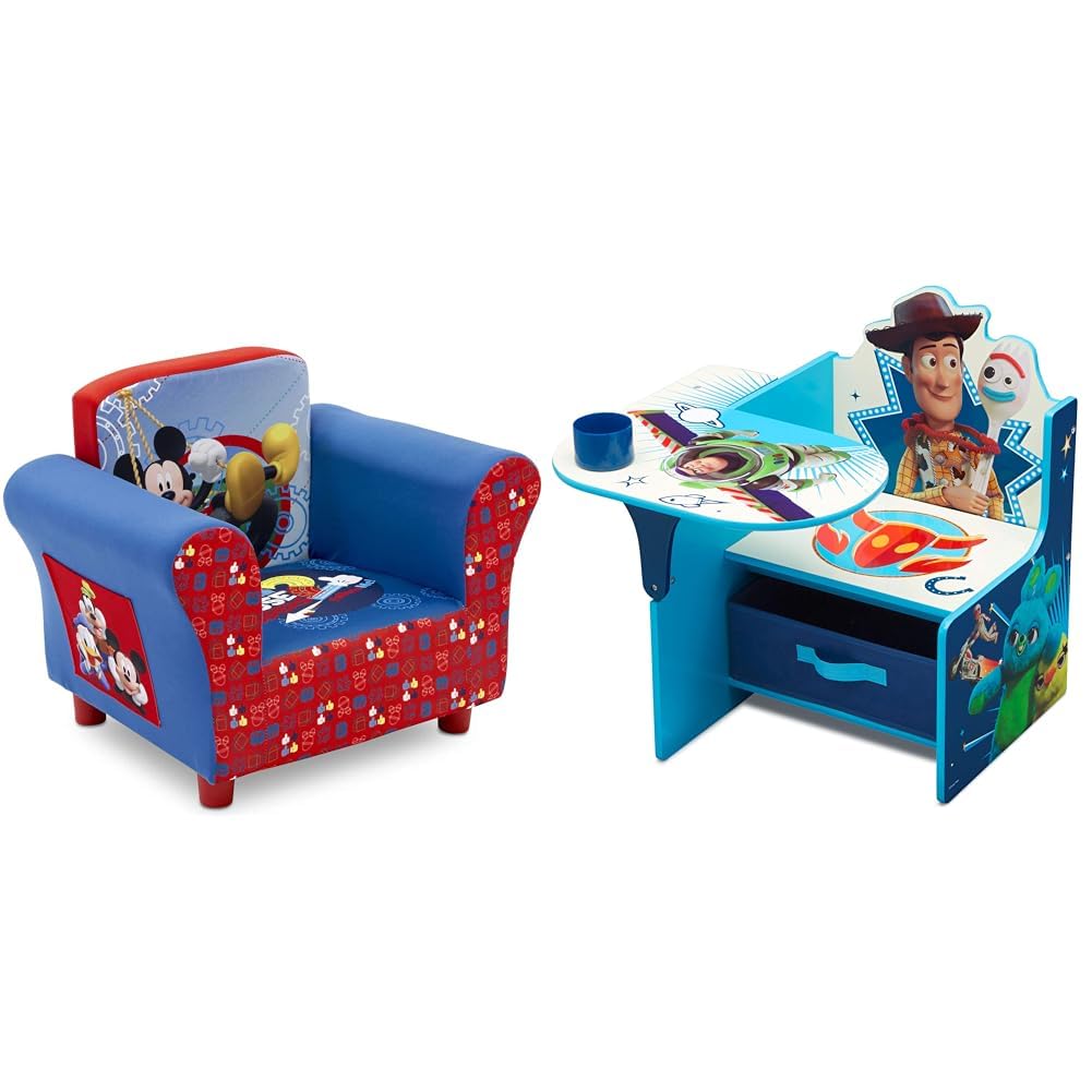 Delta Children Mickey Mouse Upholstered Chair and Toy Story 4 Chair Desk with Storage Bin