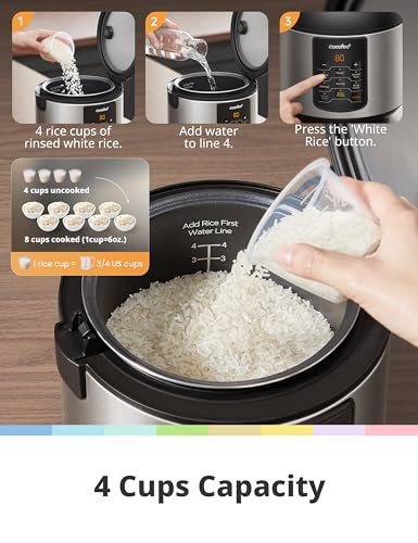COMFEE' Compact Rice Cooker, 6-in-1 Stainless Steel Multi Cooker, Slow Cooker, Steamer, Saute, and Warmer, 2 QT, 8 Cups Cooked(4 Cups Uncooked), Brown Rice, Quinoa and Oatmeal, 6 One-Touch Programs