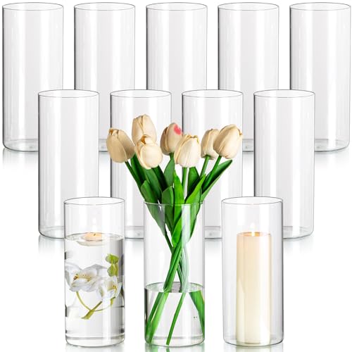 Glasseam Glass Cylinder Vases for Centerpieces, Small Clear Flower Vase Set of 12, Modern Floating Candle Vases Decor, Decorative Hurricane Candle Holders for Wedding Dining Table Decorations, 6in