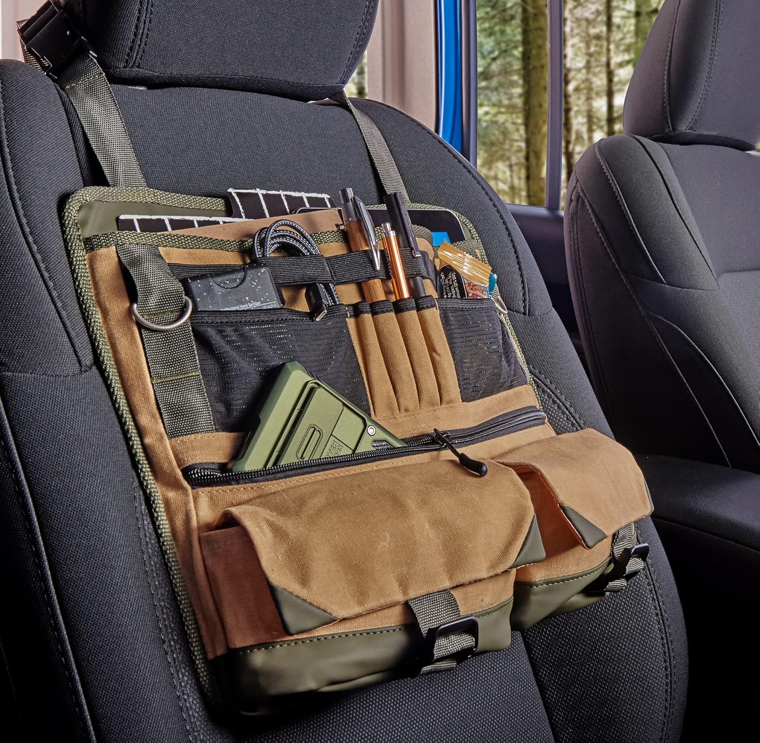 High Road Cairn Car Front Seat Organizer with Multipurpose Hanging and Pocket Storage, Waxed Nylon with Faux Leather Trim (12-pocket)