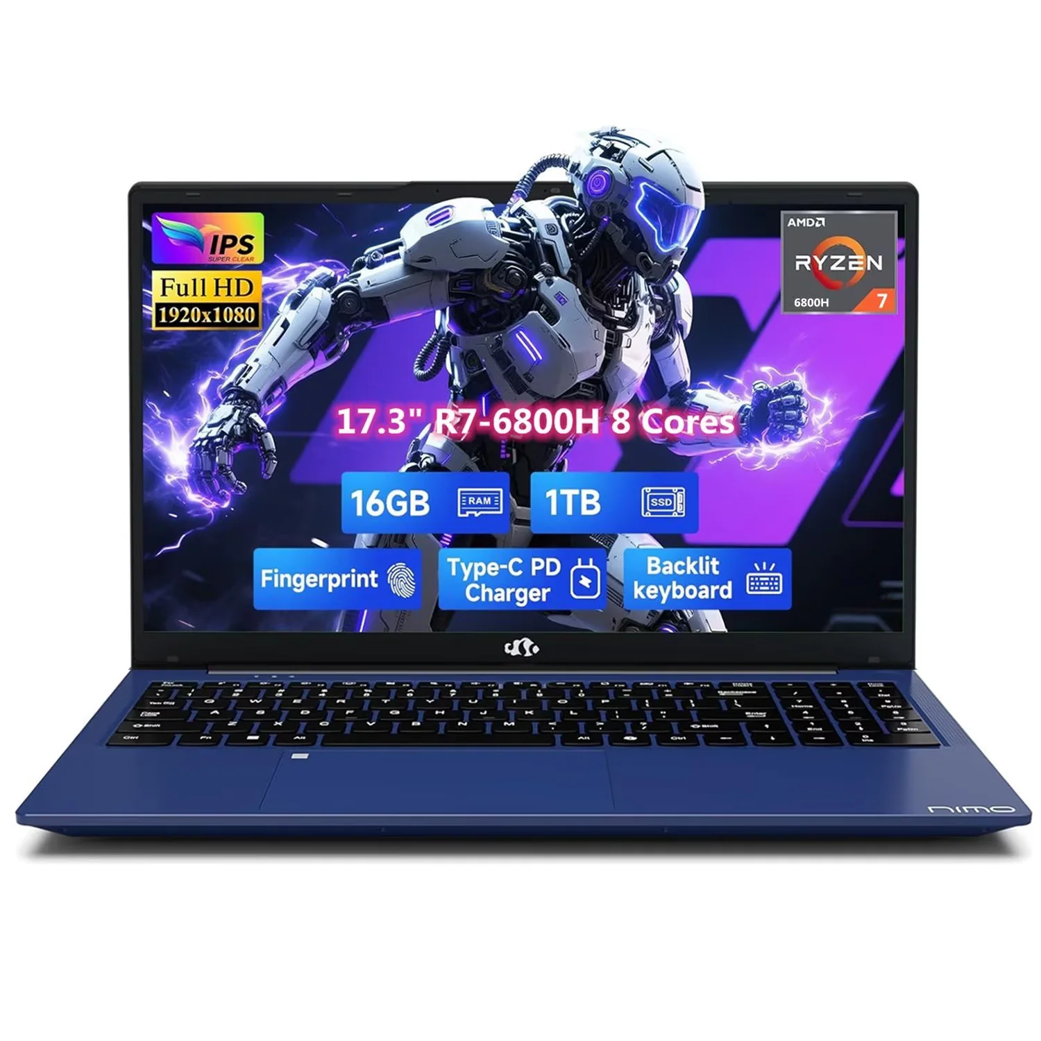 17.3" IPS FHD Gaming Laptop, Business Laptops, 8 Cores AMD Ryzen 7 6800H 16GB DDR5 RAM 1TB SSD (Beat i7-12700H, Up to 4.7GHz) AMD Radeon 680M GPU-Computer with 100W Type-C Fingerprint Blue