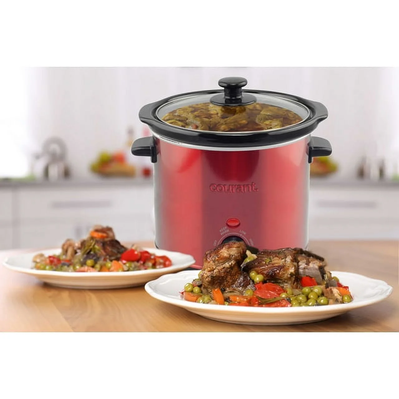 Courant 3.2 qt. Crock Slow Cooker, Dishwasher safe, Stainproof Pot and Glass Lid Red Stainless Steel
