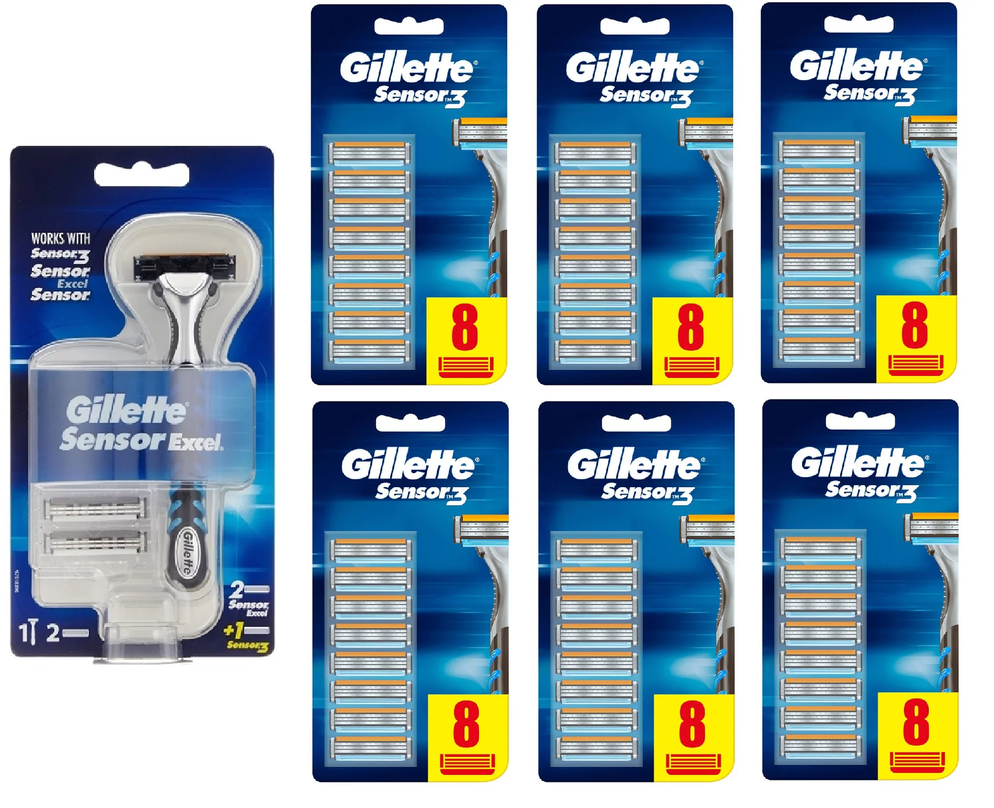Gillette Sensor 3 Refill Razor Blade Catridges, 8 count + Gillette Sensor Excel Razor (Pack of 6)
