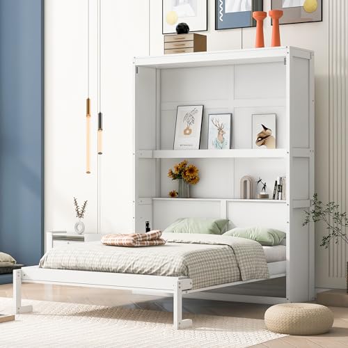 Queen Murphy Bed Folded to Wall Wooden Cabinet Bed with Cushion, Hidden Bed Folding Wall Bed for Guest Bedroom, Space Saving Design & Easy Assembly (White)