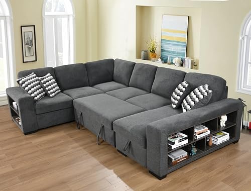 roomfitters 125'' Modern U Shaped 7 Seat Sectional Sofa Couch with Cabinet, Sofa Bed with Storage Chaise and Pull-Out Couch Bed for Living Room, Light Gray