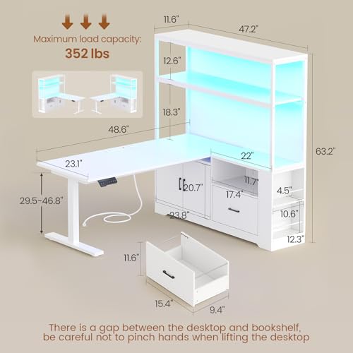 SEDETA L Shaped Standing Desk, Reversible Computer Office Desk with Drawers & Hutch, Stand Up Corner Gaming Desks with LED Lights & Power Outlets for Home Office, White