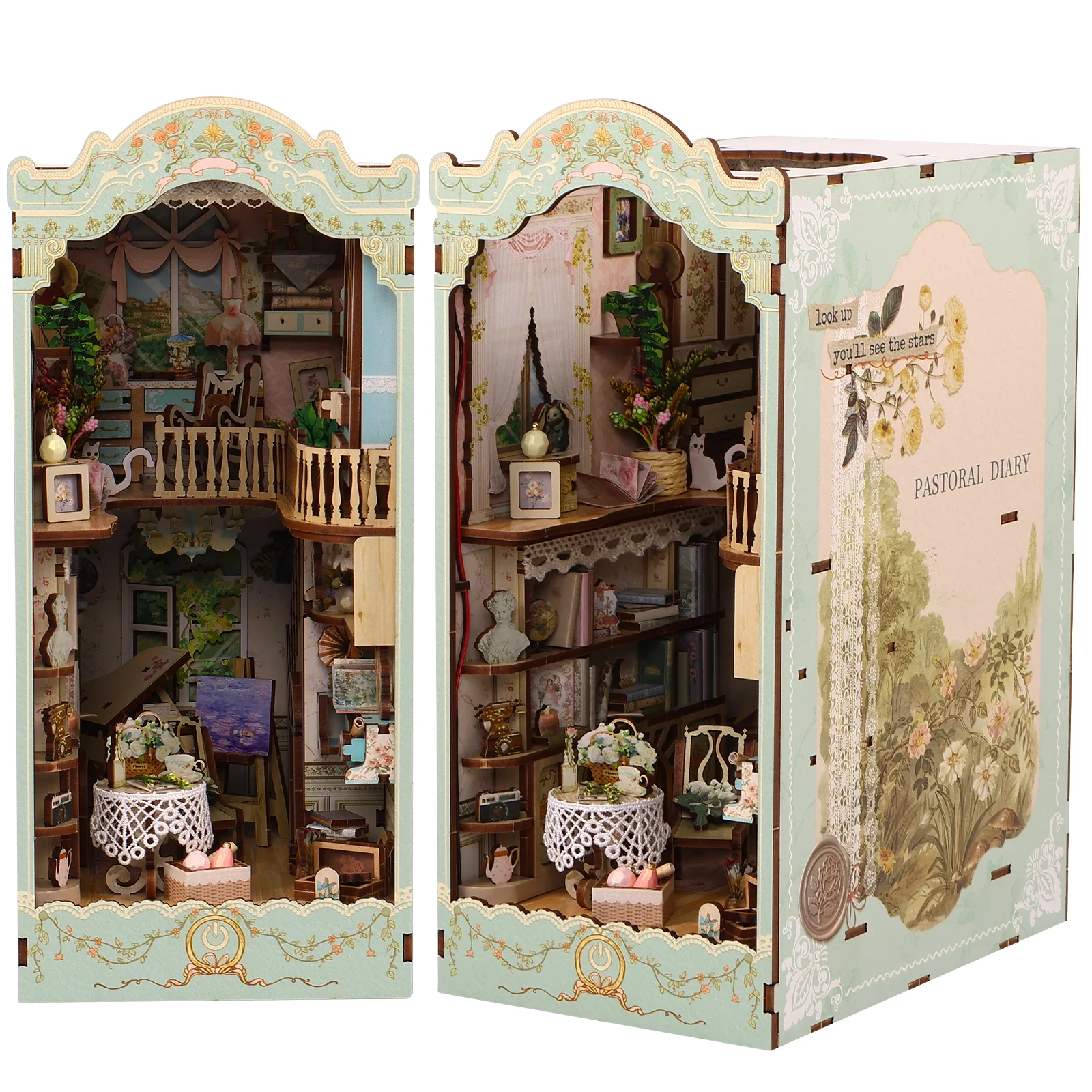 Morima DIY Book Nook Kit,3D Wooden Puzzle Bookshelf Insert Decor with LED Light,DIY Miniature Dollhouse Model Kit for Kids Adults