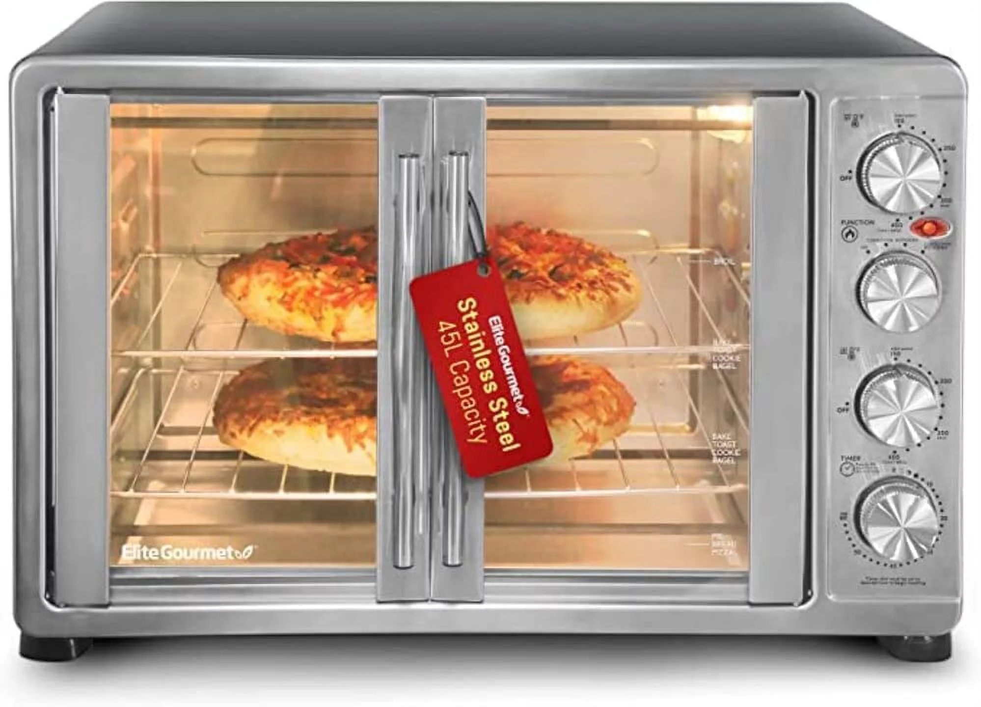 Elite Gourmet ETO-4510M French Door 47.5Qt  18-Slice Convection Oven 4-Control Knobs  Bake Broil Toast Rotisserie Keep Warm  Includes 2 x 14" Pizza Racks  Stainless Steel