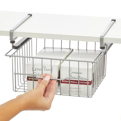 mDesign Compact Hanging Pullout Drawer Basket - Sliding Under Shelf Storage Organizer - Metal Wire - Attaches to Shelving - Easy Install - for Kitchen, Pantry, Cabinet - Silver