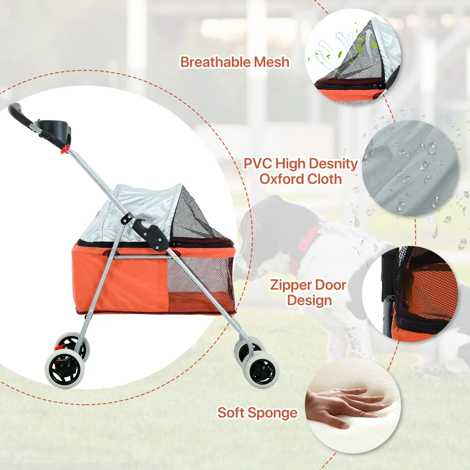 NiamVelo Dog Stroller Folding Pet Cat Stroller with 4 Wheels Portable Doggy Stroller with Cup Holders, Orange