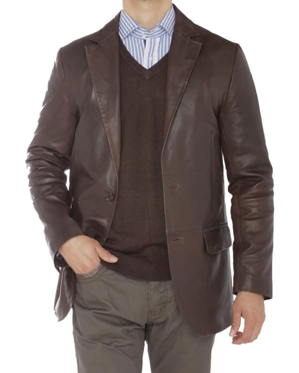 LN LUCIANO NATAZZI Men's Lambskin Leather Blazer Two Button Modern Fit Jacket Brown