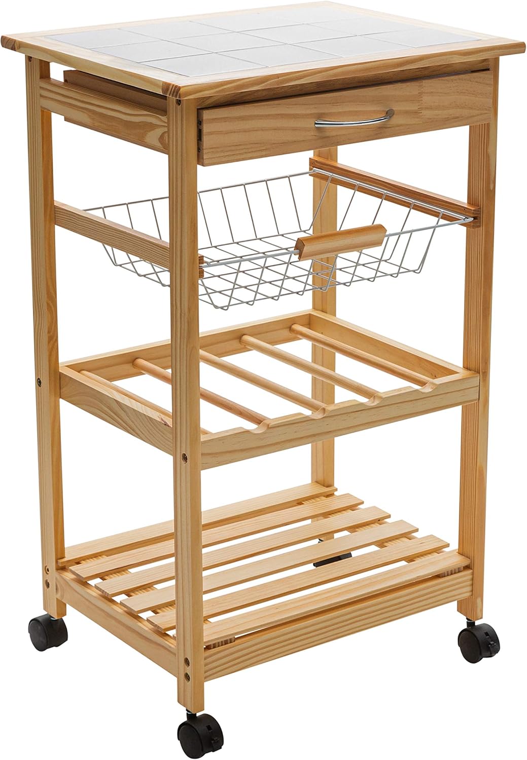 Organize It All Natural Pinewood Multi-Purpose Mobile Kitchen Cart, Dimensions : ‎18.5 x 30 x 14.5 | Tile Top | Easy Movement | Kitchen Storage | Light Tan