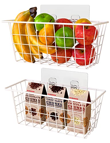 MaraFansie Wall Wire Baskets Bin No Drilling Adhesive Hanging Baskets Wall Mounted for Cabinet & Pantry Organization and Kitchen, Bathroom, Bedroom Storage, 2 Pack, White