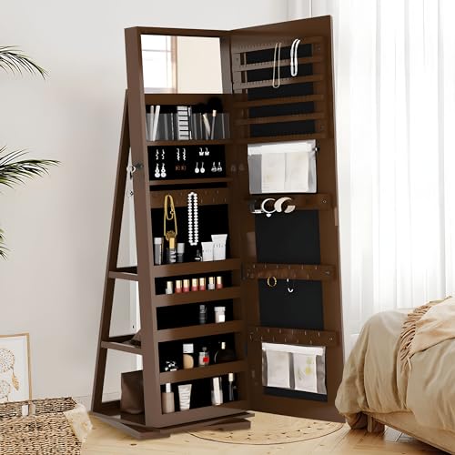 SDHYL Rotating Jewelry Cabinet with Mirror, Full Length Wooden Storage Armoire with Lock