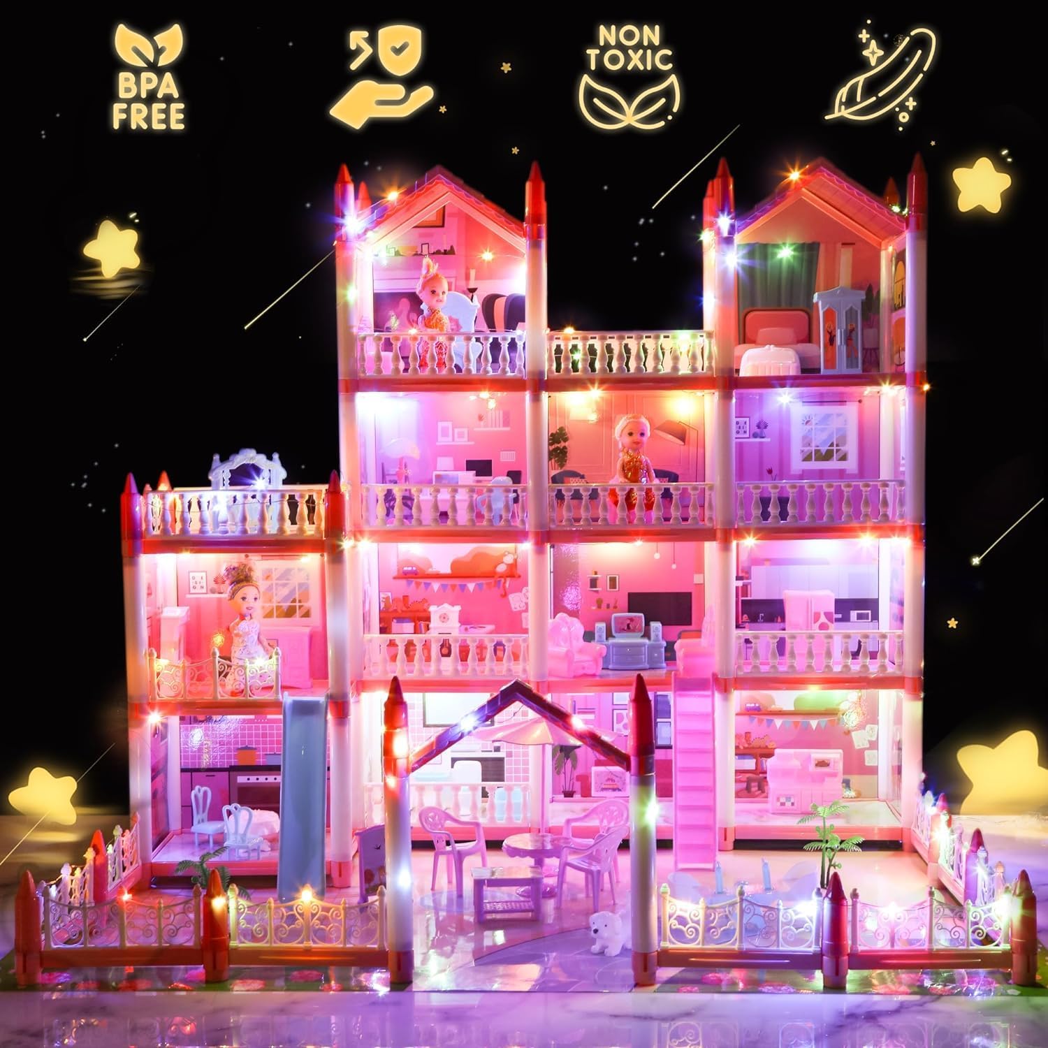 Big Doll House Girl Toys Dream Dollhouse 4-Story 15 Rooms Playhouse with 3 Dolls, Lights, Furniture and Accessories, Pretend Play Toddler Doll Houses for Kids 3 4 5 6 7 8+ Year Old Gift