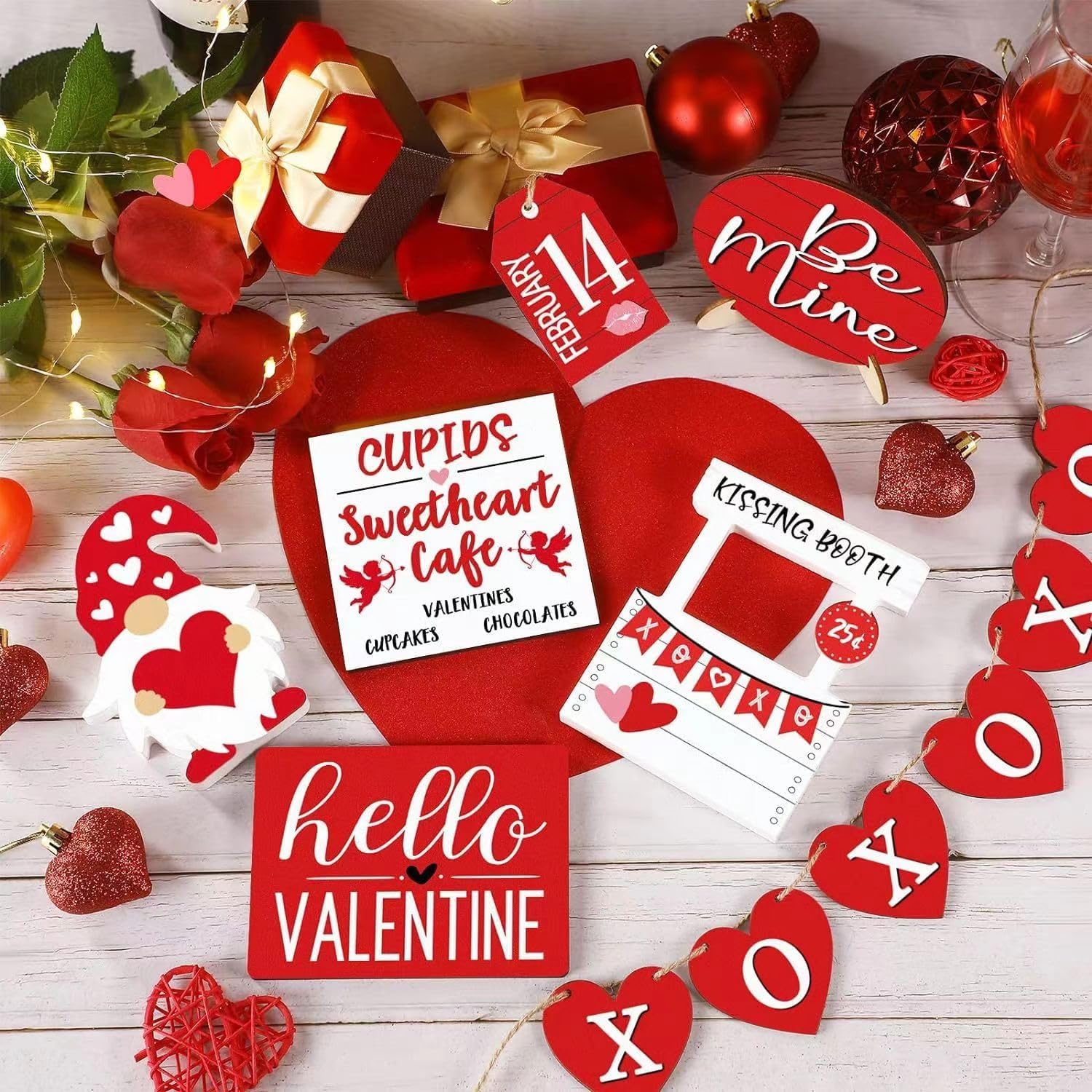 Valentine's Day Tiered Tray Decor, Farmhouse Decor Set, Valentine's Day Stereoscopic Exquisite Relief Design Sign Rustic Table Ornaments for Kitchen Table Decoration, Gift (Red)