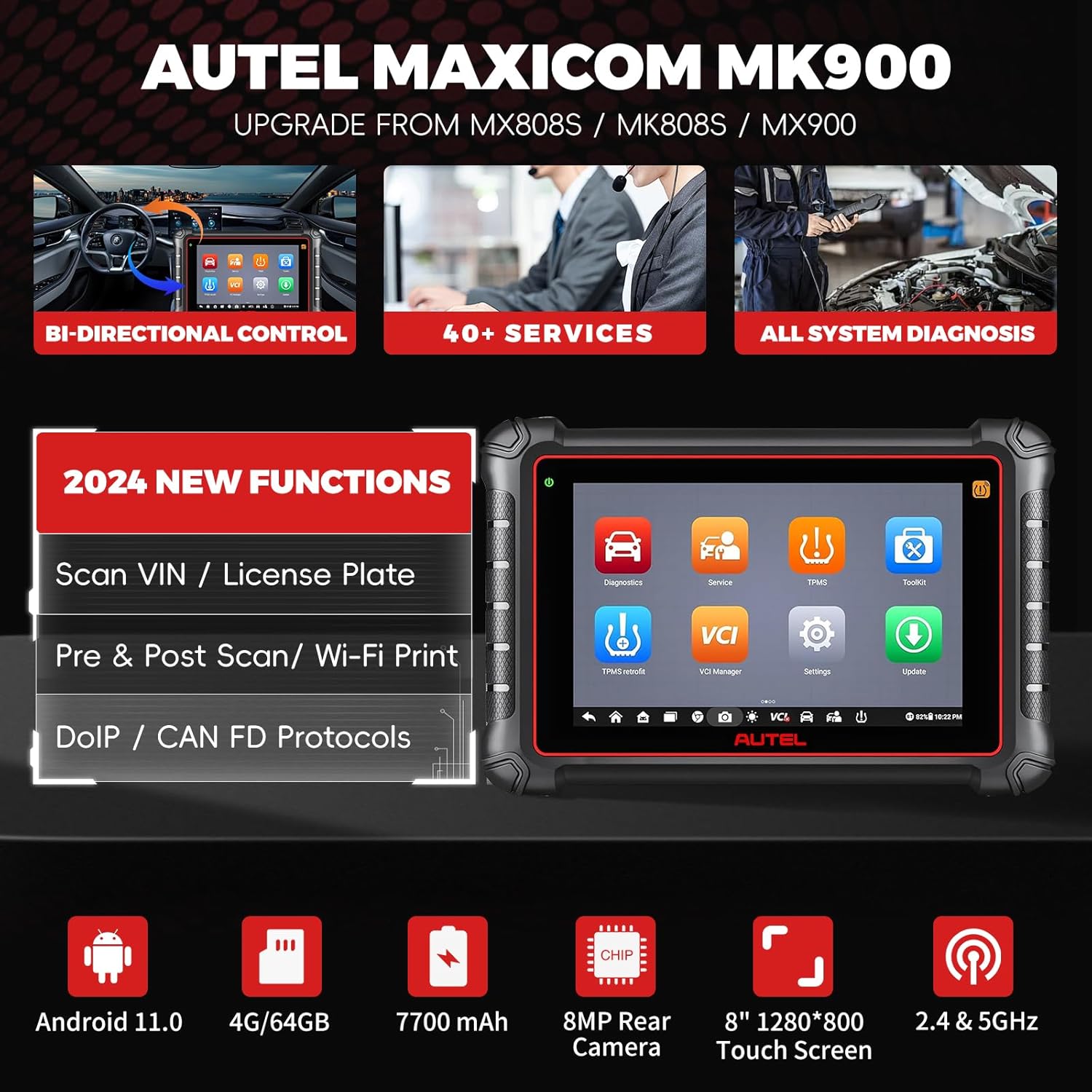 Autel Scanner MaxiCOM MK900, 2024 Upgrade from Autel MK808S & MaxiCheck MX900 Bidirectional Scan Tool, 40+ Service All System Diagnostic Tool