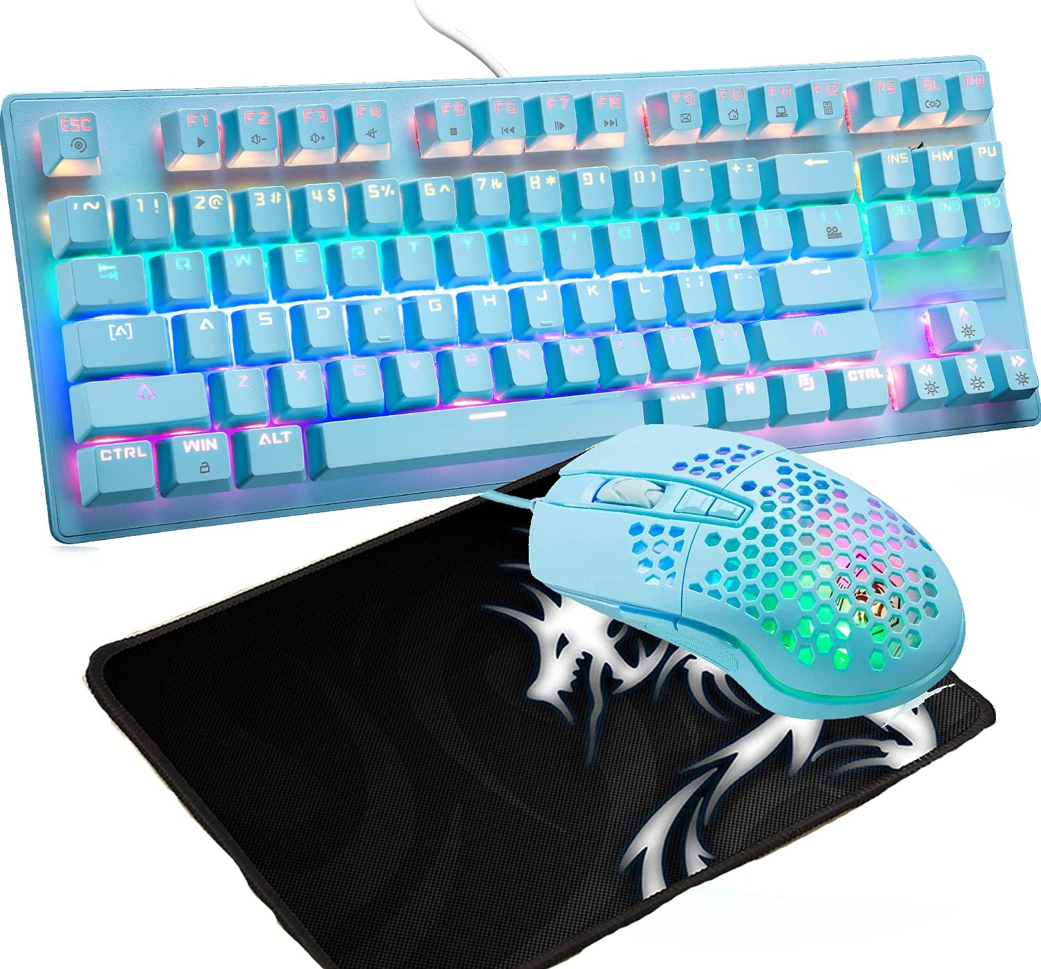 Mechanical Keyboard ,Wired Rainbow LED Backlit 87 Key Waterproof Gaming Keyboard + Gaming Mouse 6400 DPI RGB Mouse and Mousr pad for PC PS4(Black) Pack of 2