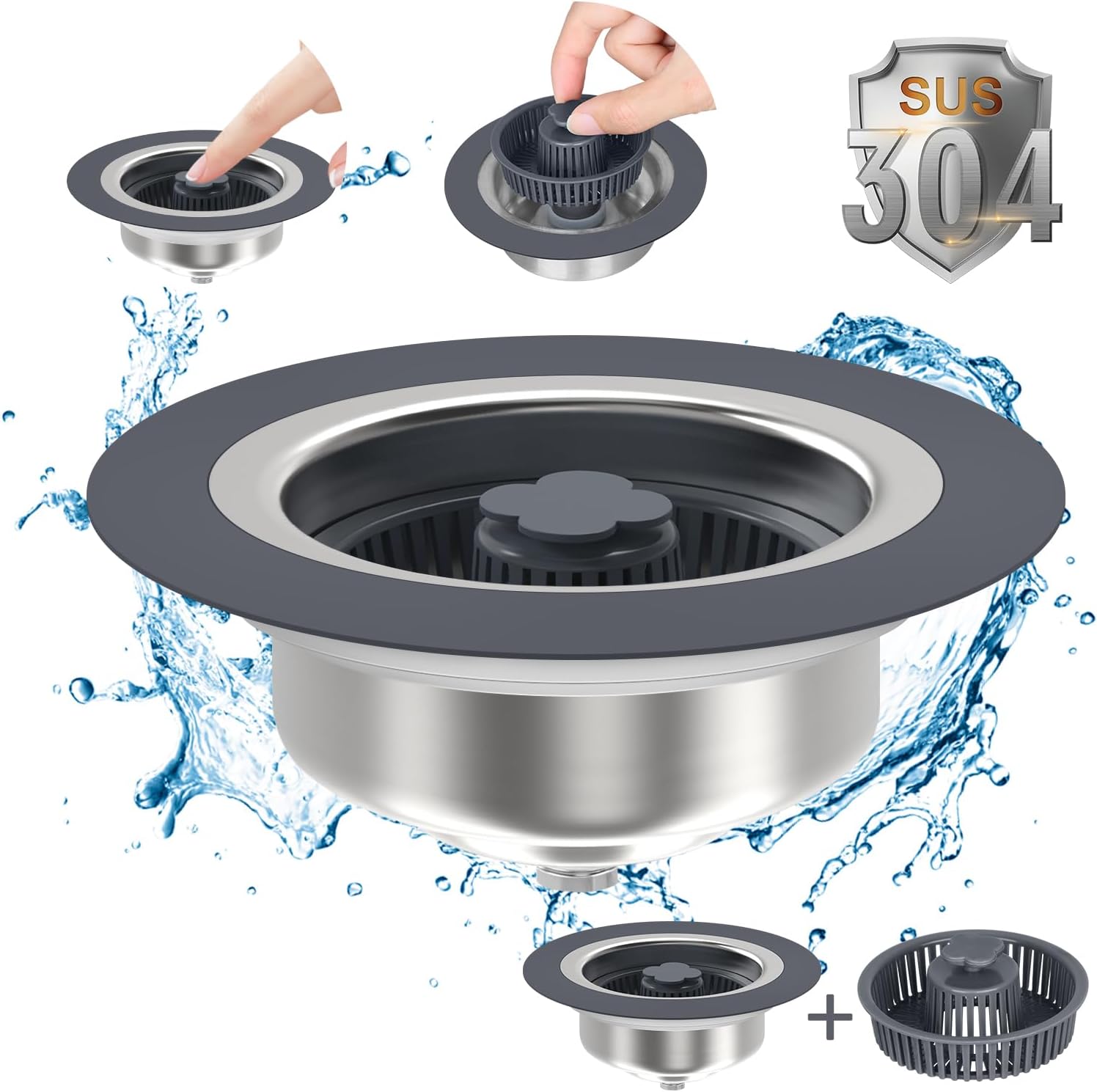 3 in 1 Kitchen Sink Drain Strainer and Stopper Combo, 304 Stainless Steel Kitchen Sink Pop-up Stopper with 2 Filter Baskets for Quick Water Storage and Drainage for Standard 3-1/2 in Drain