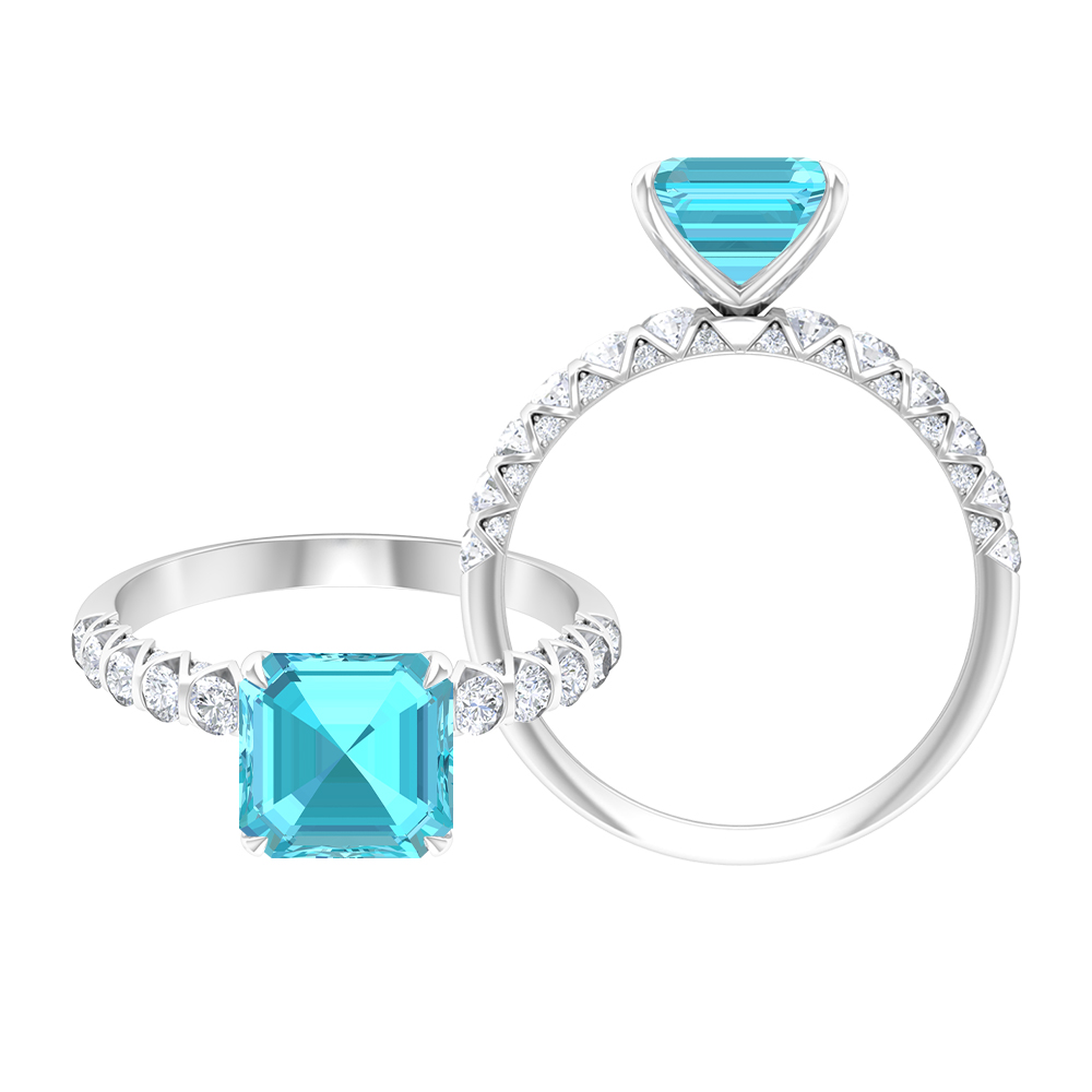 3.75 CT Swiss Blue Topaz Solitaire Ring with Diamond Side Stones (8 MM Asscher Cut Swiss Blue Topaz), 925 Sterling Silver, US 4.00