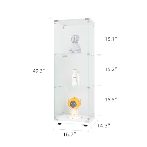 Glass Display Cabinet with 3 Shelves, One-Door Curio Cabinets for Living Room, Bedroom, Office, White Floor Standing Glass Bookshelf, Quick Installation