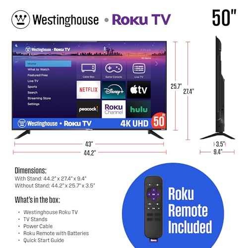 Westinghouse Roku TV - 43 Inch Smart TV, 4K UHD QLED Television w/HDR 10+, Dolby Vision, Wi-Fi & Mobile App Connectivity, Flat Screen Compatible w/Apple HomeKit, Alexa, & Google Assistant