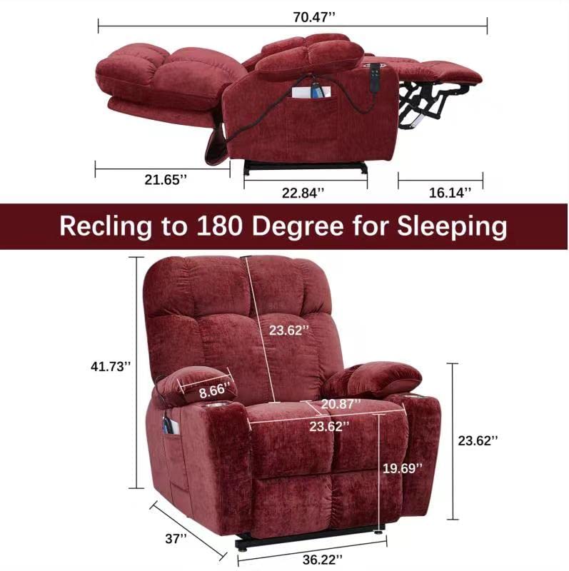 Electric Power Lift Recliner Oversize Chair Dual Motor Vibration Massage Heated Gift Fabric Single Sofa for Elder with Side Pockets Cup Holders for Living Room 180 Degree for Flat Sleeping