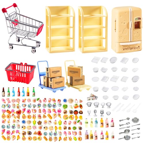 246 Pcs Mini Shopping Cart Refrigerator with Mini Food Set Mini Fridge Courier Box Metal Supermarket Shopping Cart Basket Miniature Food Drink Bottle for Miniature Kitchen Accessories Decorations