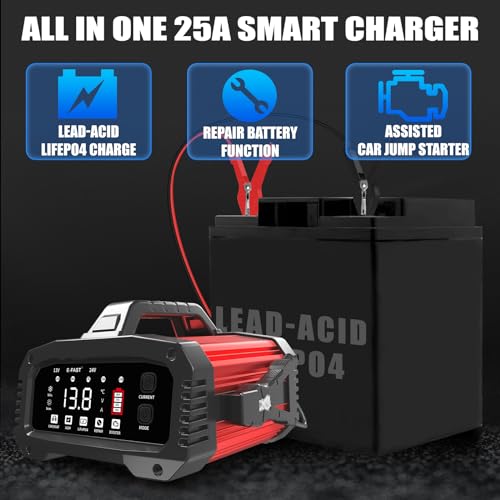 E-FAST 25A Battery Charger, 12/24V All in One Lifepo4 Lead Acid Car Battery Charger, Automotive Jump Starter, Upgraded Trickle Charger, Battery Maintainer for Car Truck Motorcycle Lawn Mower Boat