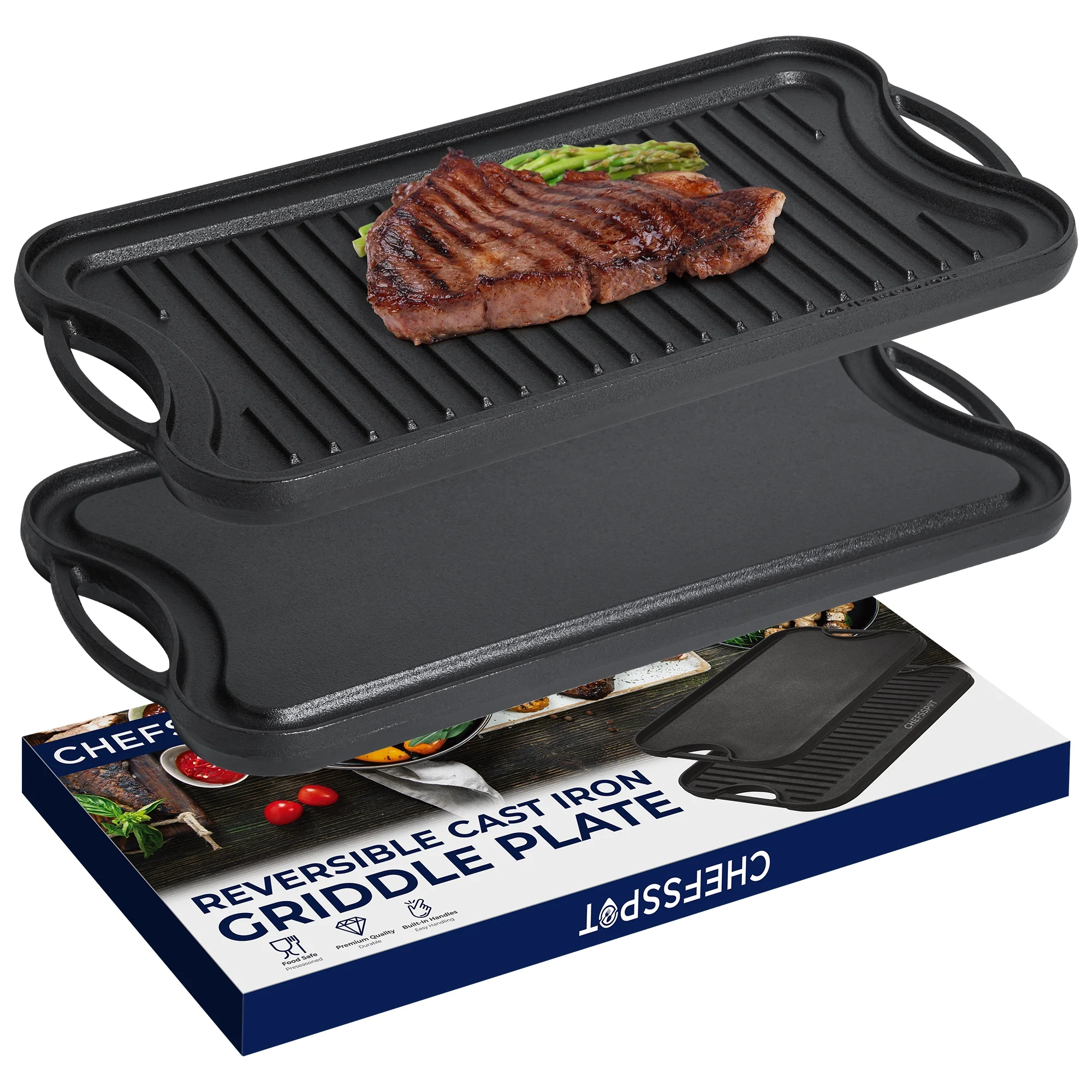 CHEFSPOT Preseasoned Cast Iron Reversible Griddle Plate Pan - Even Heat Distribution - Works on Oven, Stove, Grill, and Fire
