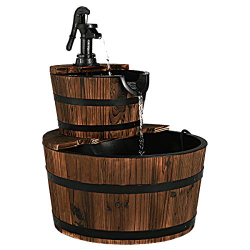 Giantex 2-Tier Barrel Waterfall Fountain Outdoor, Rustic Wood Barrel Cascading Water Fountain with Electric Pump, Outdoor Water Feature with Decorative Hand for Garden Patio Backyard Lawn Porch