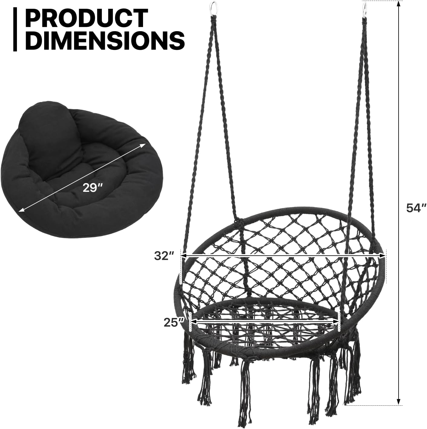 Monibloom Hanging Hammock Chair W/Large Padded Cushion, Macrame Swing Chair for Porch, Max 350 Lbs Capacity Hanging Swing for Adults & Teens, Comfy Hammock for Bedroom Relaxing Reading Napping, Black