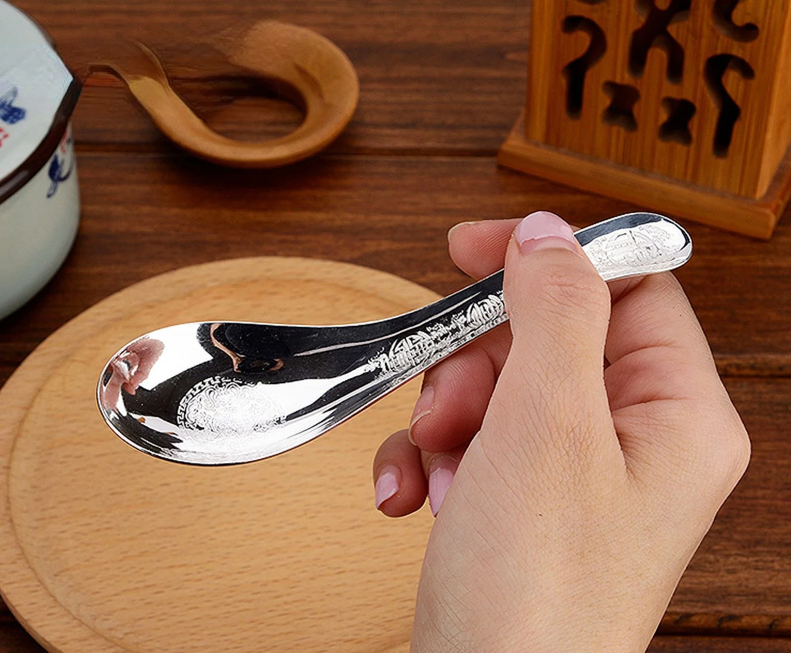 Wollet S999 Sterling Silver Soup Spoon, Rice Spoon for Children Baby Adult, Sterling Silver Tableware