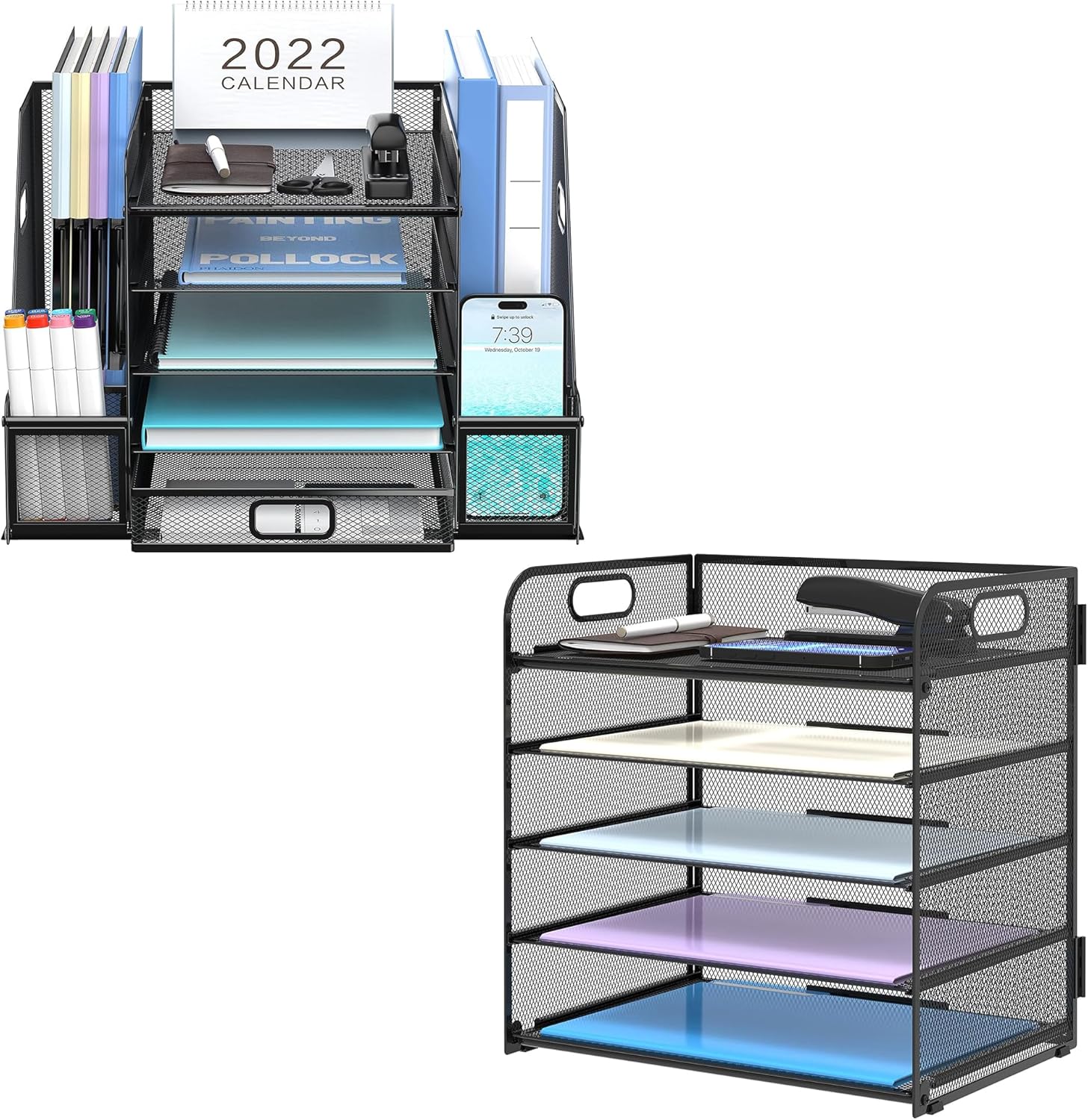 SUPEASY 5-Tier Desk Organizer with File Holder, Paper Letter Tray Organizer with Magazine Holder, Black Paper Sorter for Office, Home or School