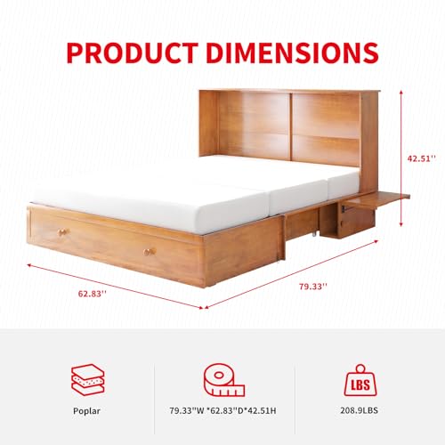 MUZZ Queen Size Murphy Bed with Charging Station, Convertible Cube Cabinet Murphy Bed with Folding Foam Mattress, Foldable Space-Saving Murphy Bed for Guest Room, Home, Office (Cherry)