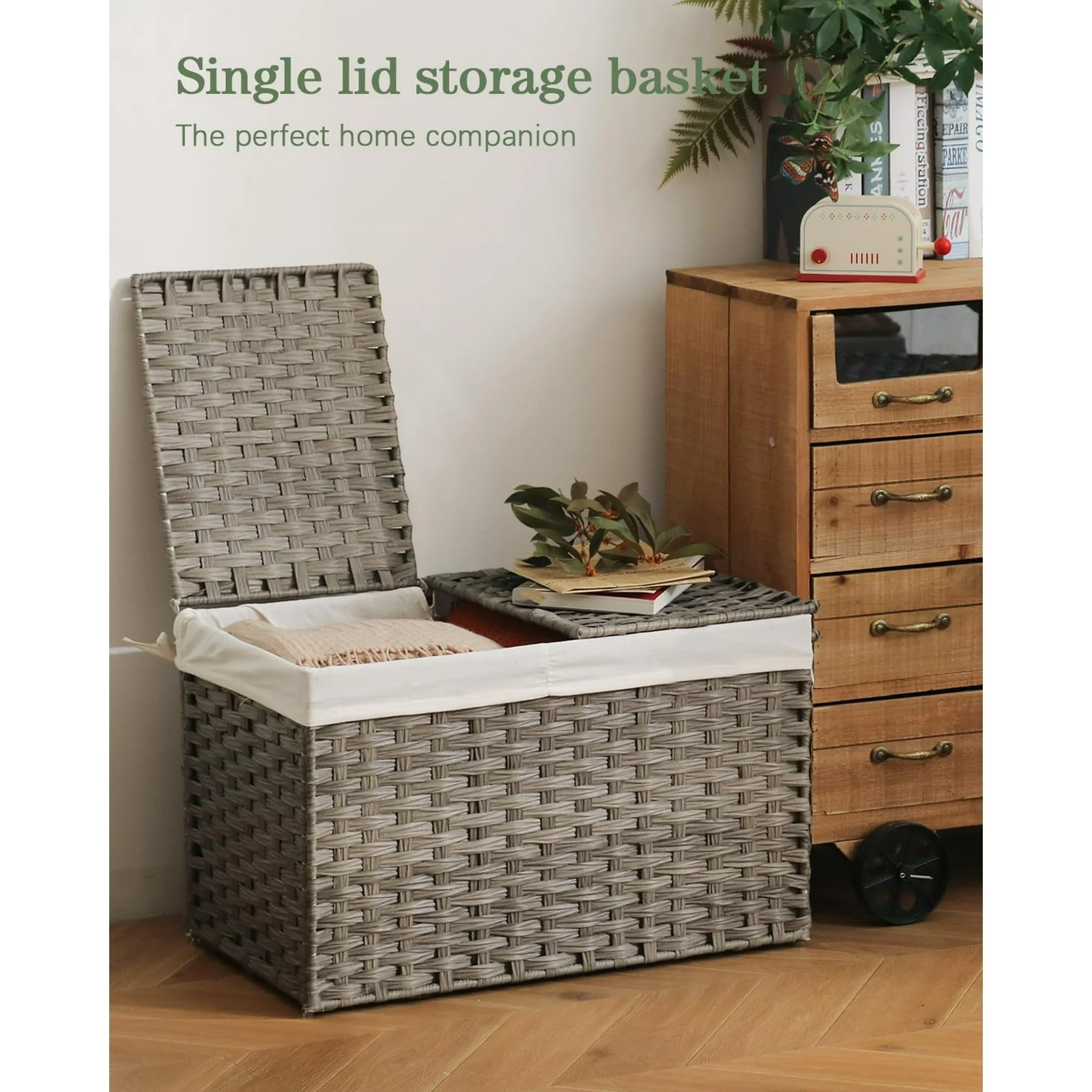 Storage Basket with Lid Rattan, Woven Storage Baskets with 2 Separate Lids, 17.2 Gallon (65 L), 22.2 x 13 x 13.8 Inches, Foldable, 2 Removable Liner Bags Handles for Bedroom, Laundry Room Gray