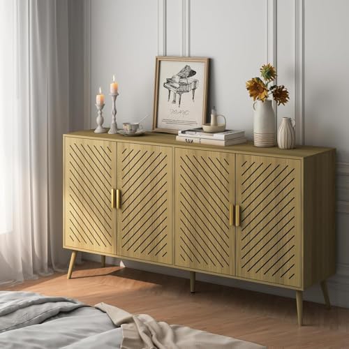 Wood Sideboard Buffet Cabinet with Storage, 4 Doors, Adjustable Shelves, TV Stand or Coffee Bar for Kitchen, Dining Room, Living Room, Entryway