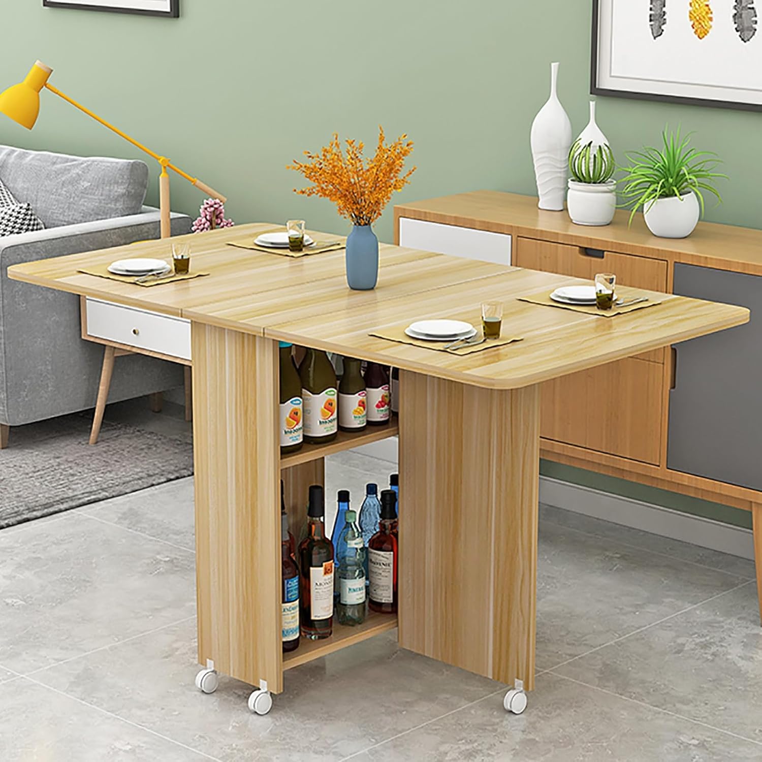 Extendable Drop Leaf Folding Dining Table, Modern Folding Table Drop Leaf Dining Table with 8 Wheels and 2-Layer Storage Shelf, Multifunction Expandable Table for Kitchen, Bedroom, Living Room