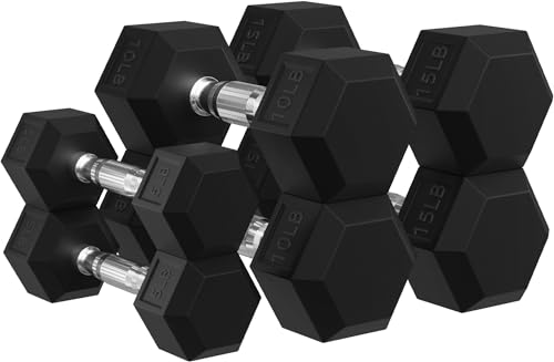 Signature Fitness Premium Rubber Encased Hex Dumbbell Sets, 60LBS, 100LBS, 150LBS, 210LBS, 300LBS, 550LBS Options