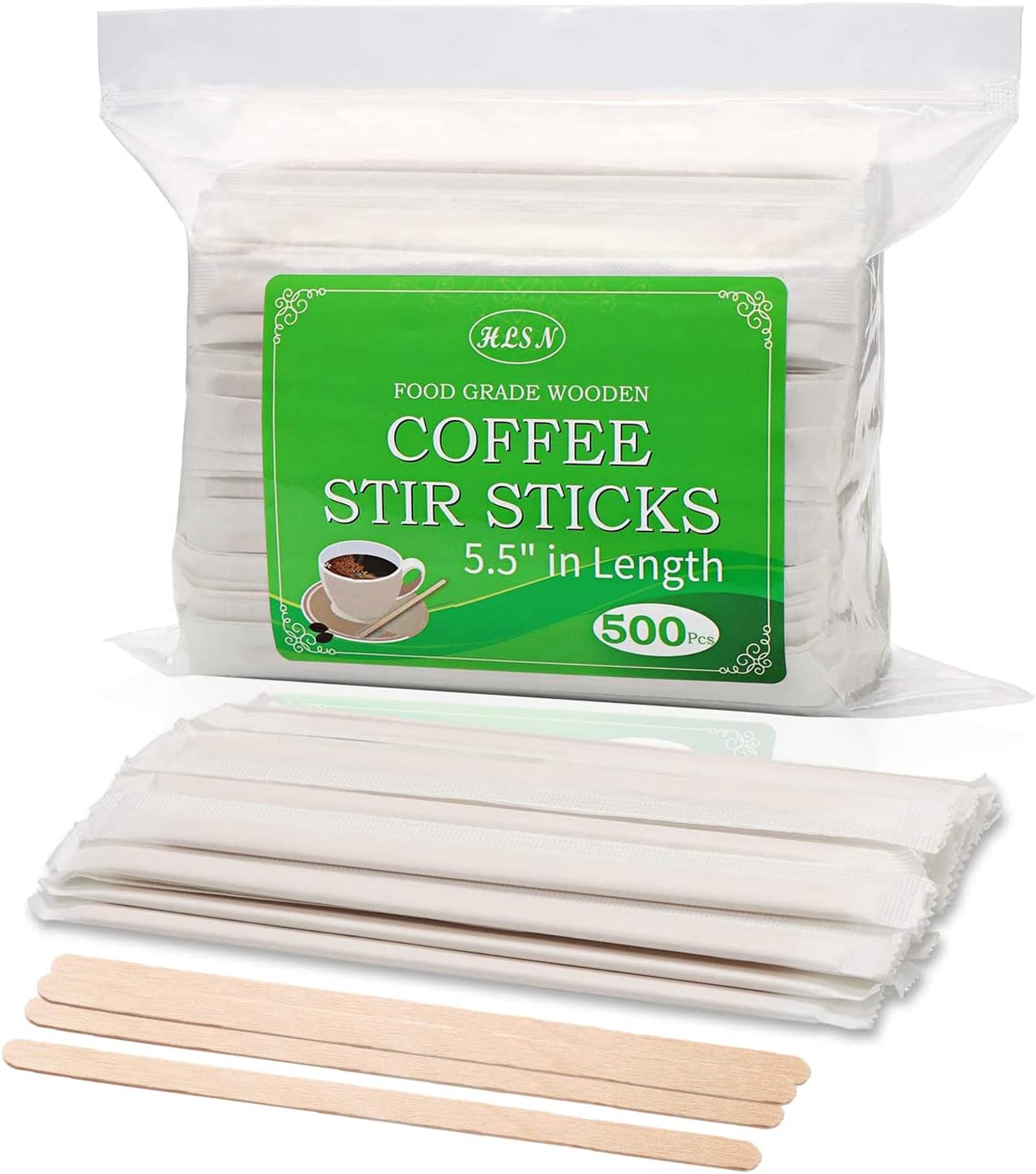HLSN Wooden Stir Sticks-Disposable Drink Stirrer Coffee Stirrers, 5.5 Inches 500PCS Individually Wrapped Natural Birch Degradable Food Grade Certification