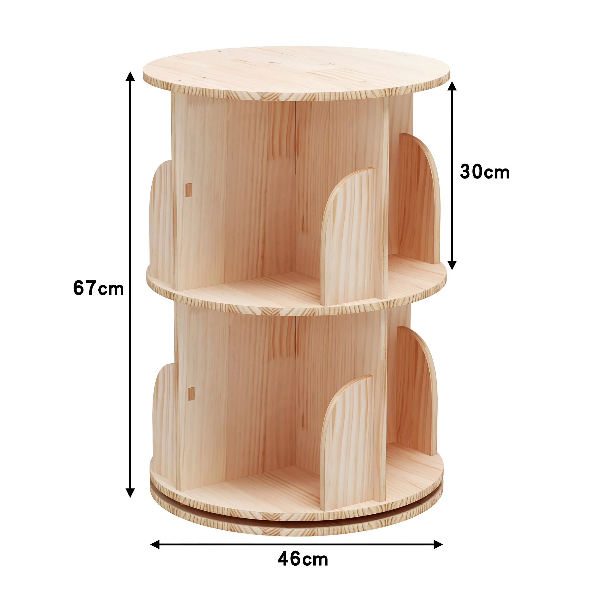 2 Tier Rotating Bookshelf, 360° Solid Wood Rotating Stackable Shelves Bookshelf Organizer for Home, Bedroom, Office